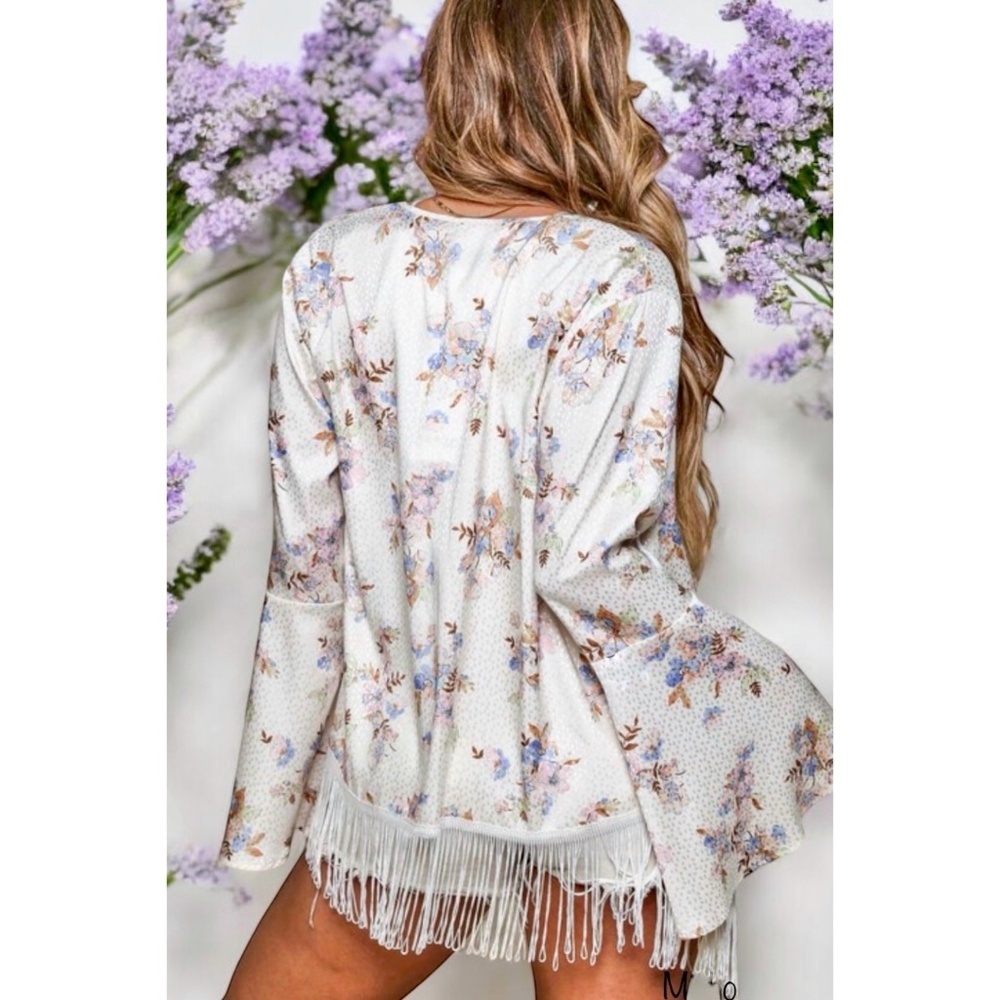 PEACH LOVE Ivory Floral Print Satin Cardigan with Fringe - Picture 5 of 8